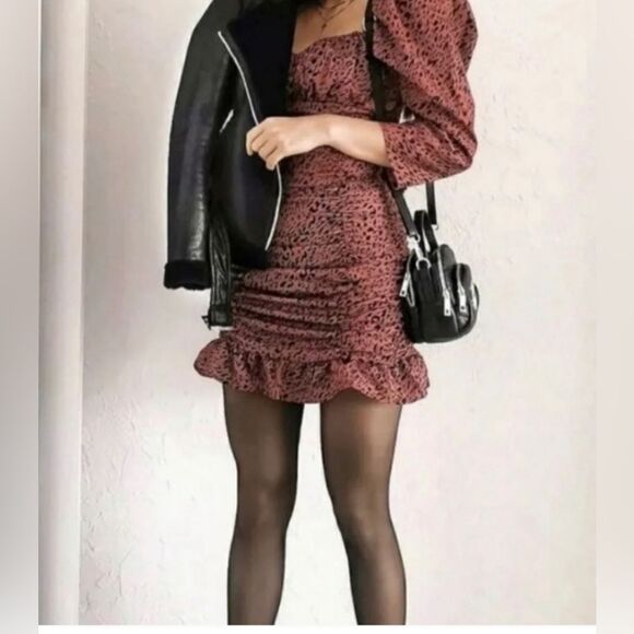 Zara bloggers favorite Pink Leopard Print Ruched Ruffle Mini Dress Size small - Picture 1 of 10